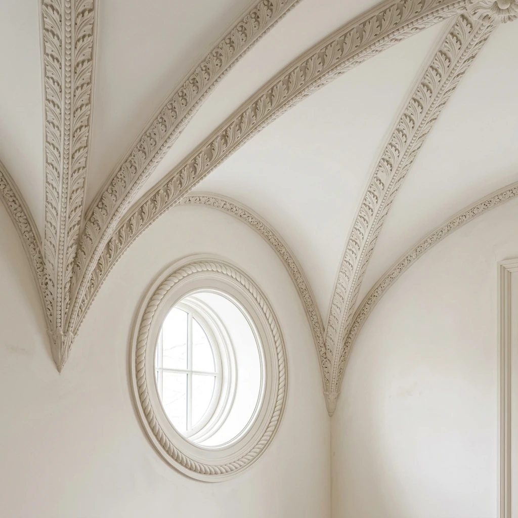 Vaulted ceiling with ornate plaster ribs above a round window with a rope-pattern plaster trim