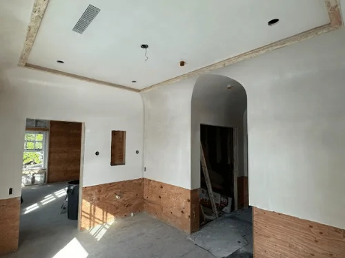 Room with an arched doorway and a tray ceiling, walls in fresh plaster above plywood wainscot backing