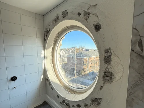 Round window in a bathroom wall with broken plaster around the frame before repair