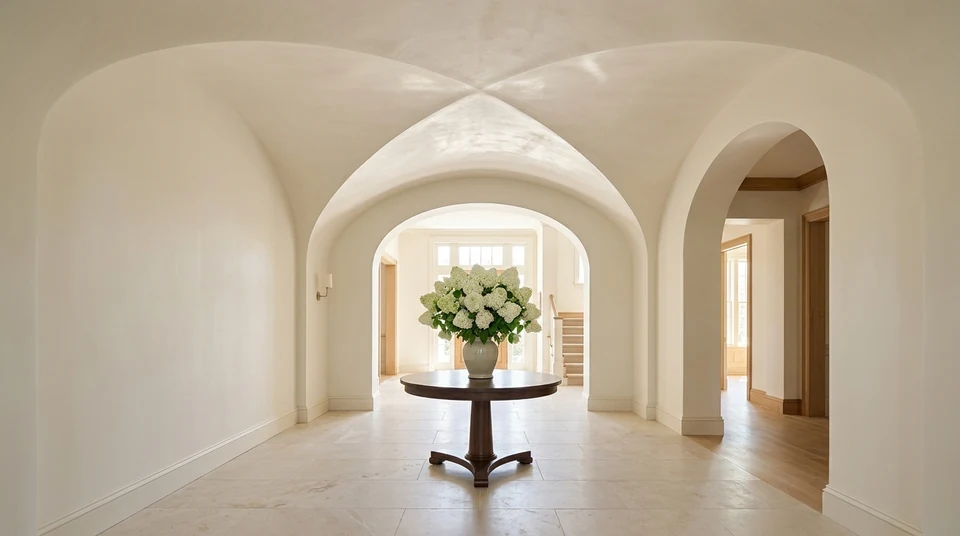Entry hall with a groin-vaulted ceiling and arched openings finished in smooth white plaster